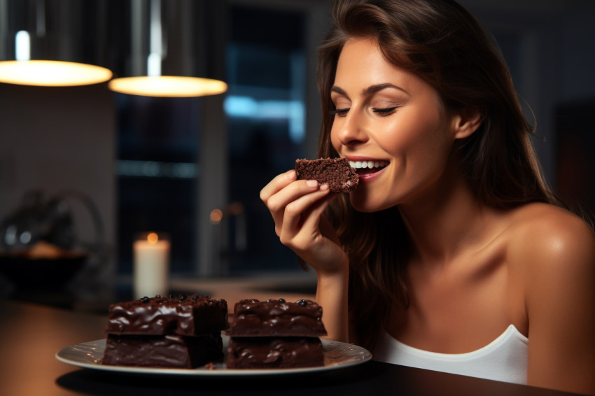 A picture of a pretty young lady eating chocolate in the kitchen