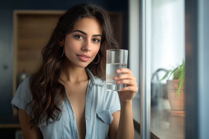 A photo of a young beautiful Latina woman holding a glass of cle