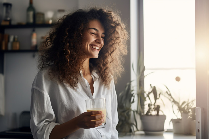 Picture of a smiling woman having a cup of tea from a glass mug