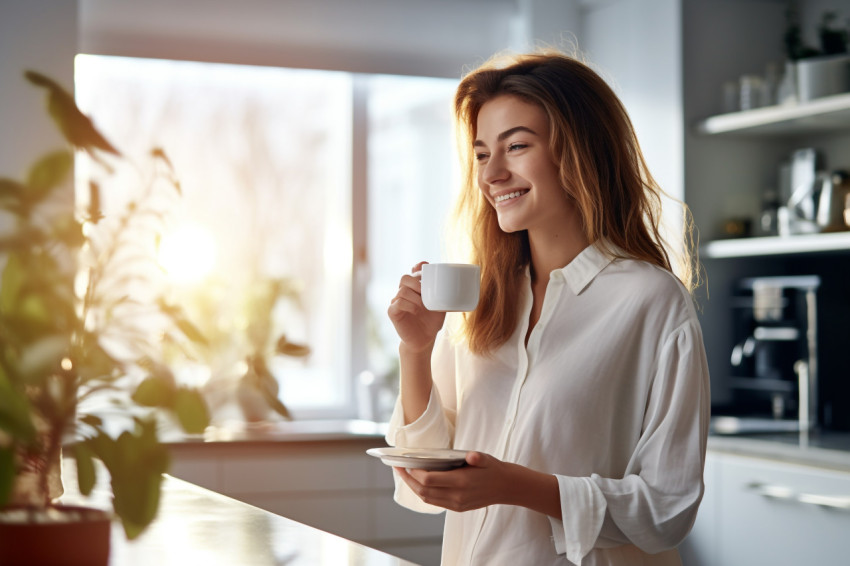 Picture of a smiling woman having a cup of tea from a glass mug