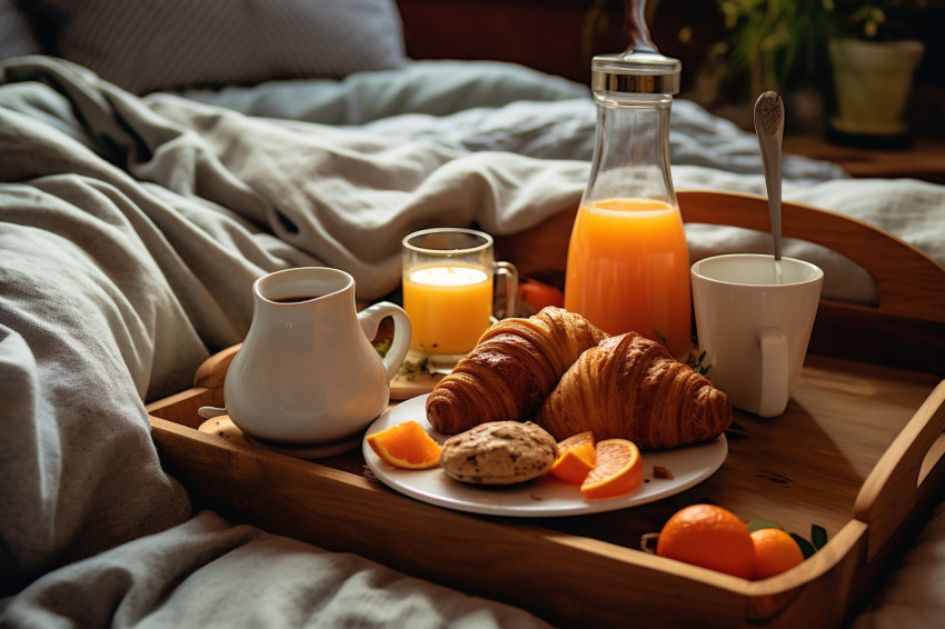 A picture of breakfast on a bed in a comfortable hotel room