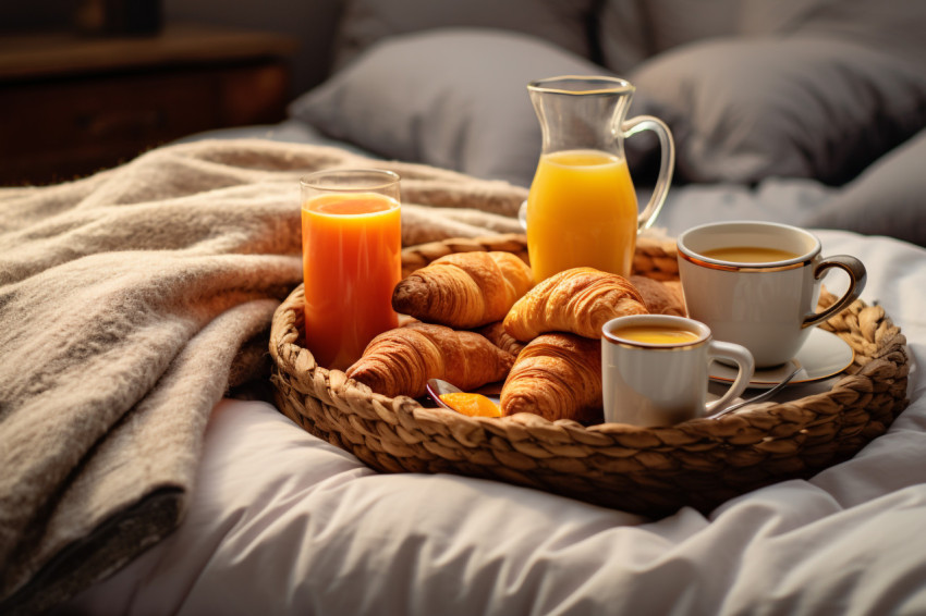 A picture of breakfast on a bed in a comfortable hotel room