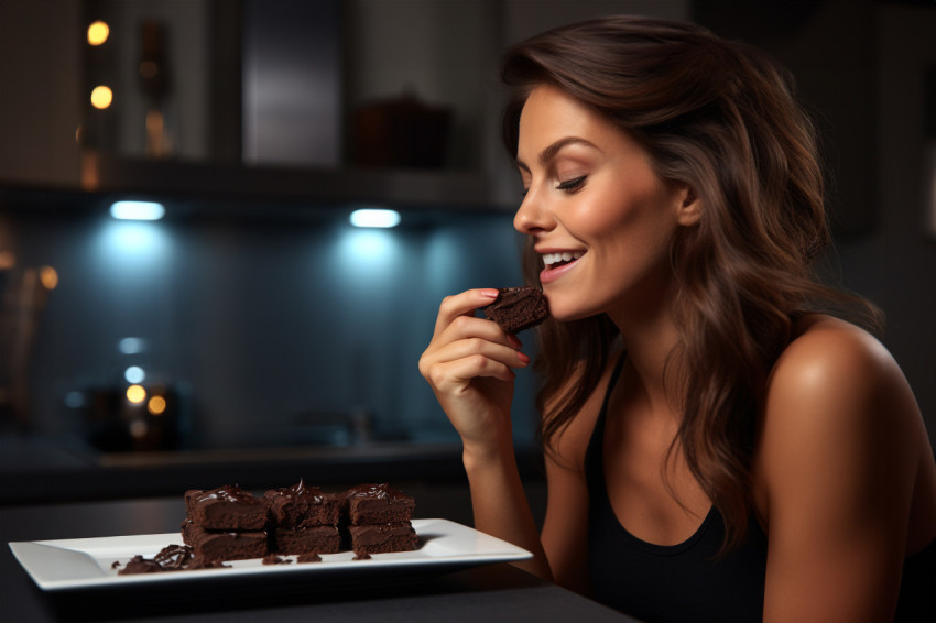 A picture of a pretty young lady eating chocolate in the kitchen