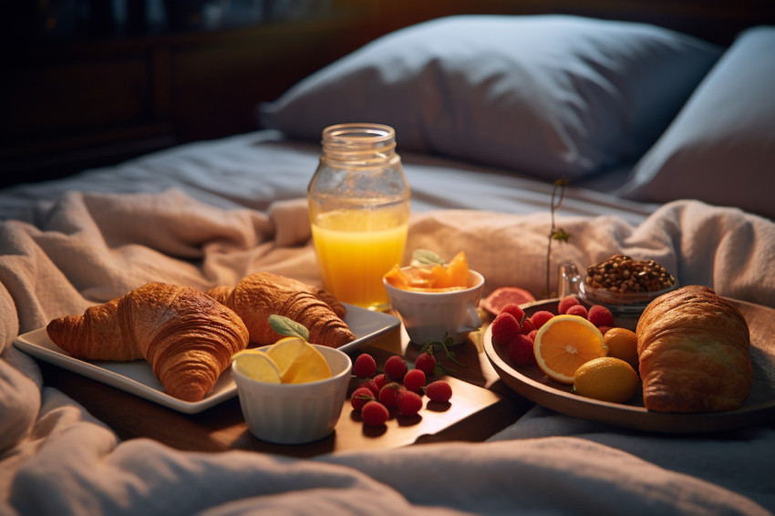 A picture of breakfast on a bed in a comfortable hotel room