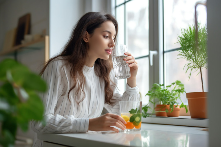 A picture of a young woman drinking water from a glass in her ki