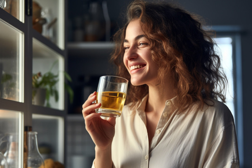 Picture of a smiling woman having a cup of tea from a glass mug