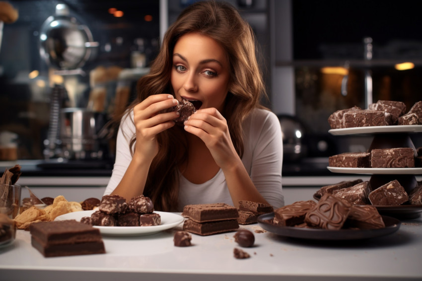 A picture of a pretty young lady eating chocolate in the kitchen