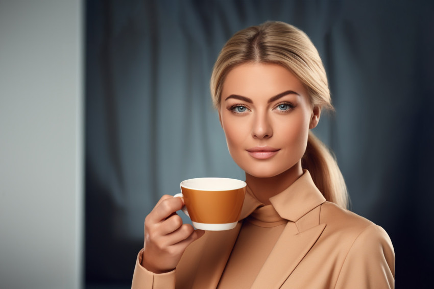 A picture of a pretty woman holding a cup of tea or coffee