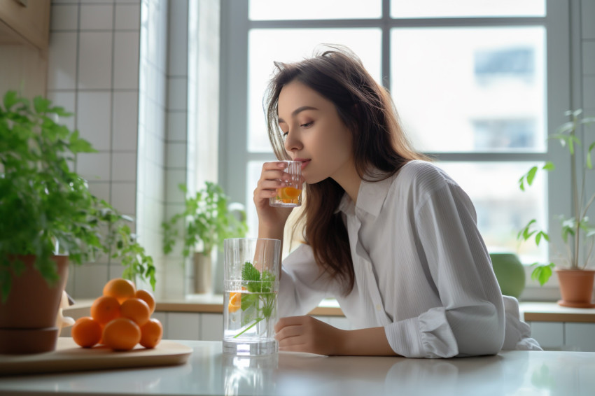 A picture of a young woman drinking water from a glass in her ki