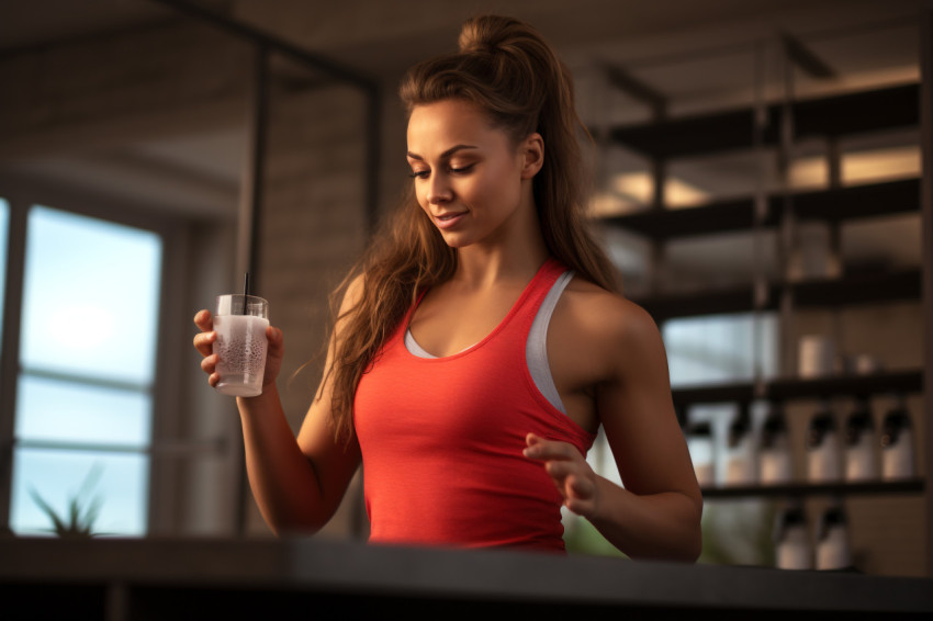 Picture of a pretty young woman in workout clothes drinking a pr