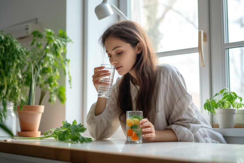 A picture of a young woman drinking water from a glass in her ki