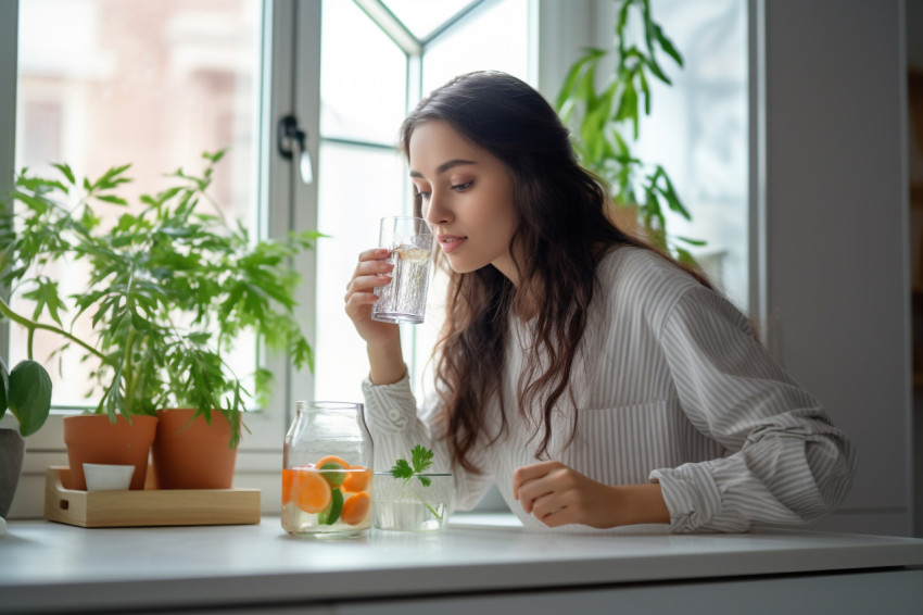 A picture of a young woman drinking water from a glass in her ki