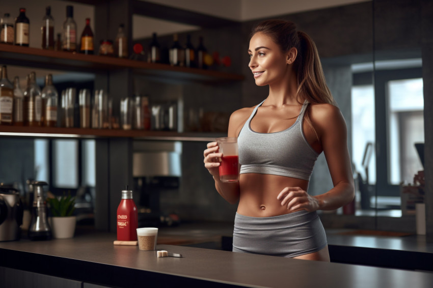 Picture of a pretty young woman in workout clothes drinking a pr