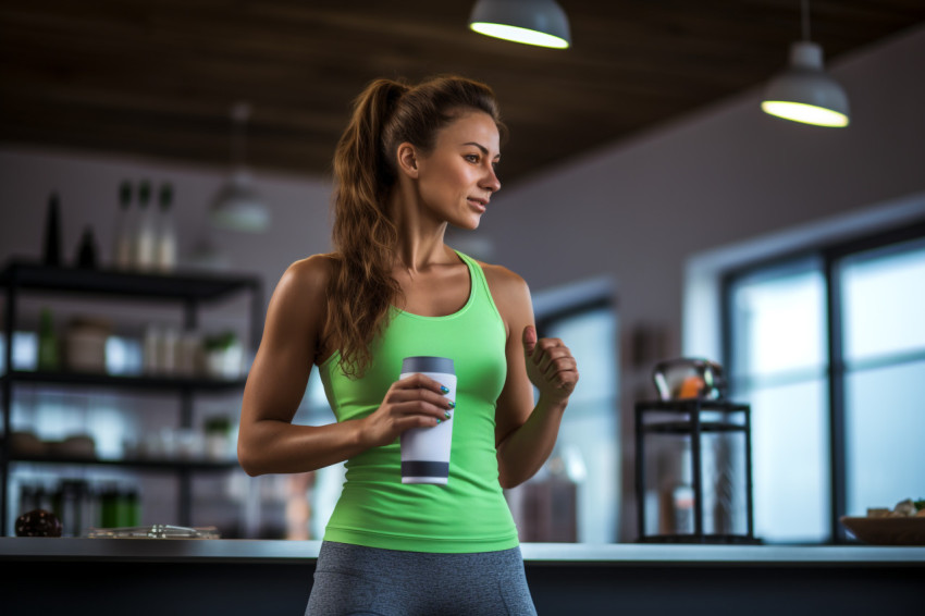 Picture of a pretty young woman in workout clothes drinking a pr