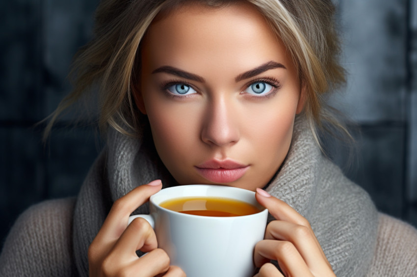 A picture of a pretty woman holding a cup of tea or coffee