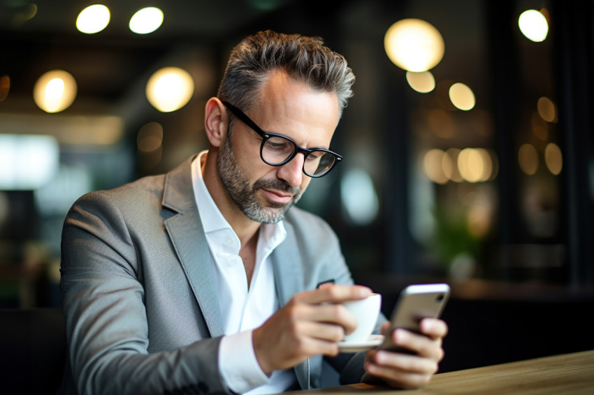 Picture of a business woman sitting in a coffee shop holding her