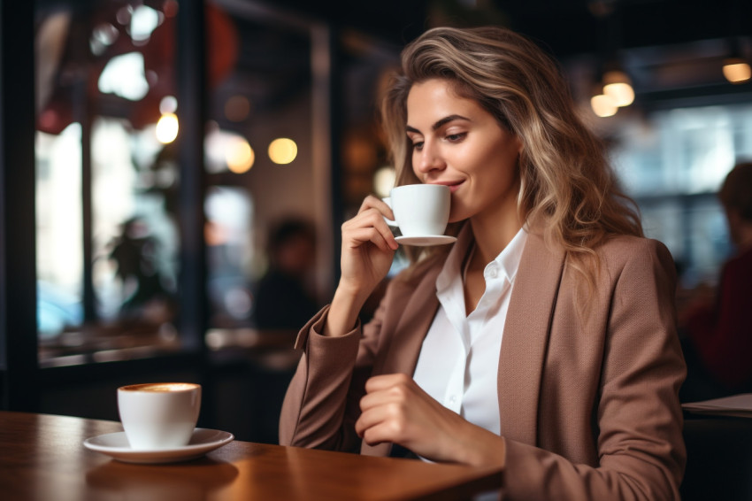 Picture of a business woman sitting in a coffee shop holding her