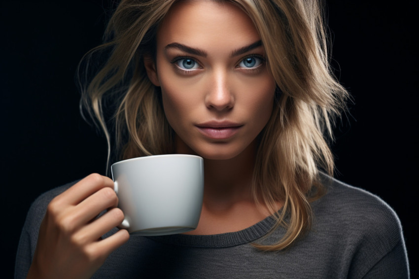 A picture of a pretty woman holding a cup of tea or coffee