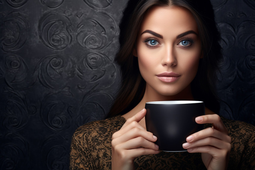 A picture of a pretty woman holding a cup of tea or coffee