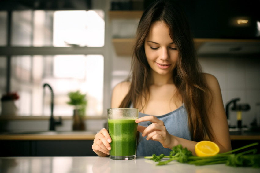 Picture of a young woman having a healthy green drink in the kit