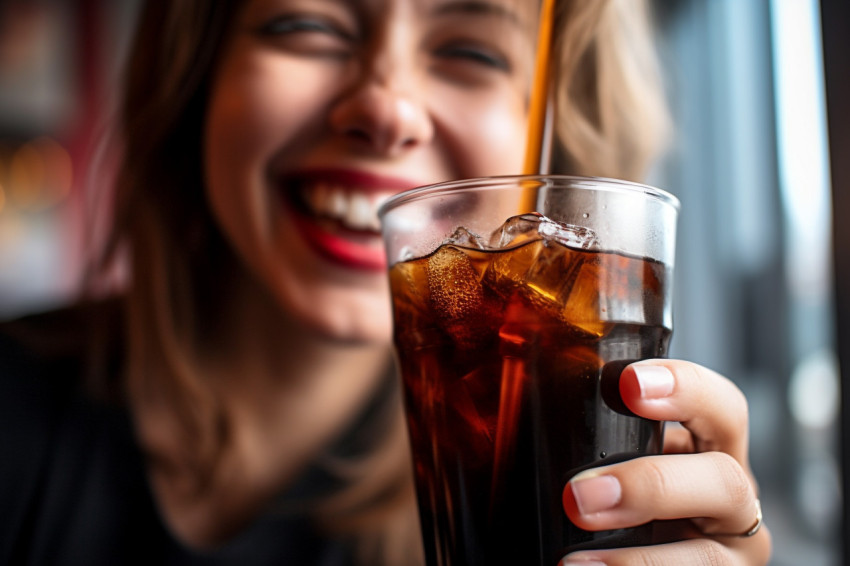 A picture of a cheerful woman enjoying a cola drink from a plast