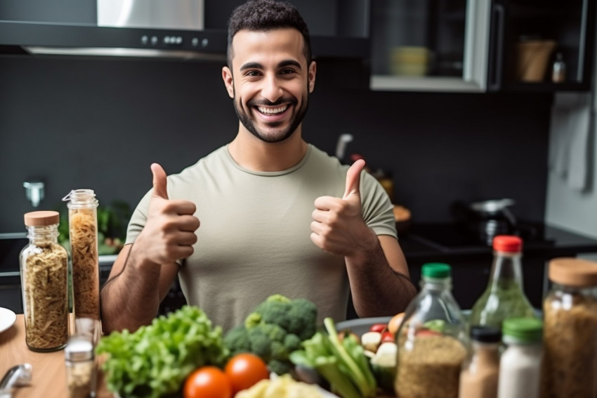 A photo of a handsome fit young Arab man in a kitchen offering h