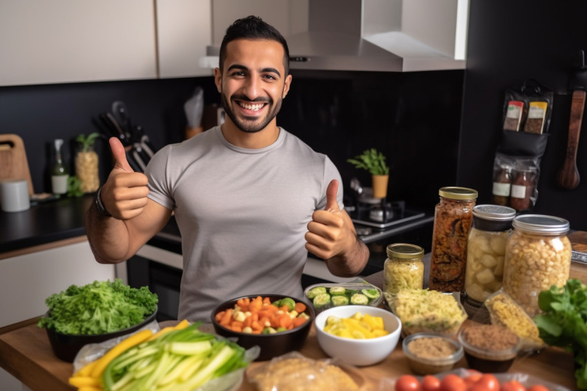 A photo of a handsome fit young Arab man in a kitchen offering h