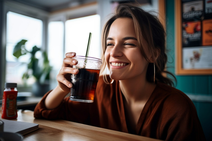 A picture of a cheerful woman enjoying a cola drink from a plast