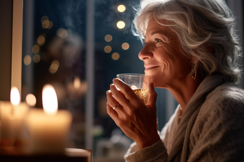 Picture of a calm woman enjoying the smell drink at home at nigh