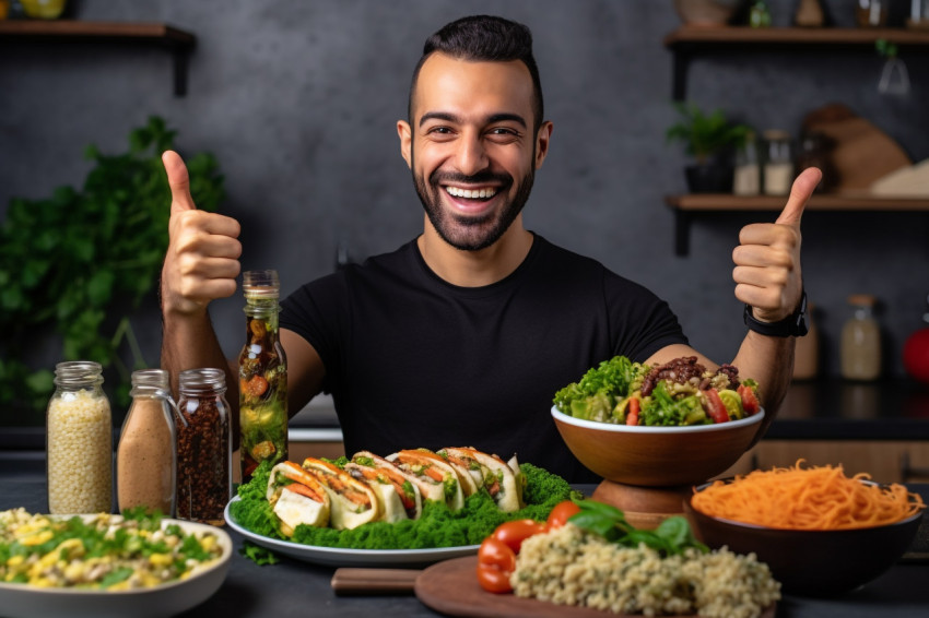 A photo of a handsome fit young Arab man in a kitchen offering h