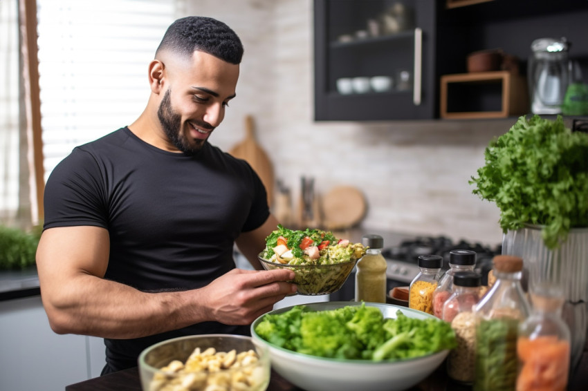 A photo of a handsome fit young Arab man in a kitchen offering h