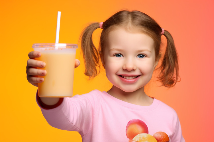 A picture of a young girl holding a glass of orange juice and po