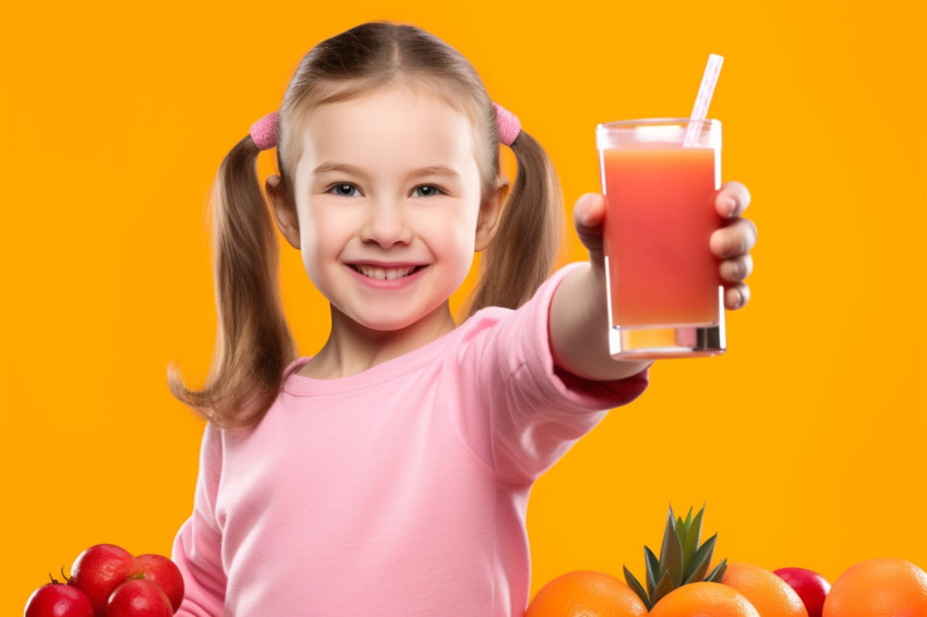 A picture of a young girl holding a glass of orange juice and po