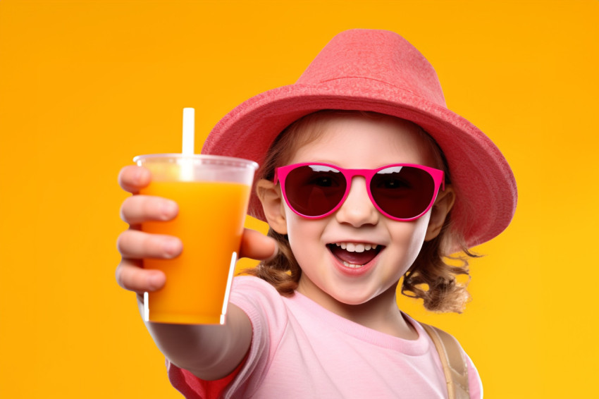 A picture of a young girl holding a glass of orange juice and po