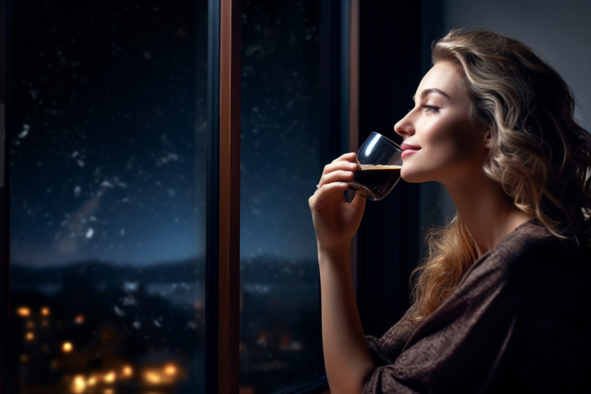 Picture of a calm woman enjoying the smell drink at home at nigh