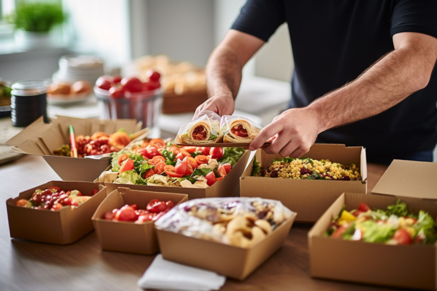 A picture of a happy man opening food he took home from a restau