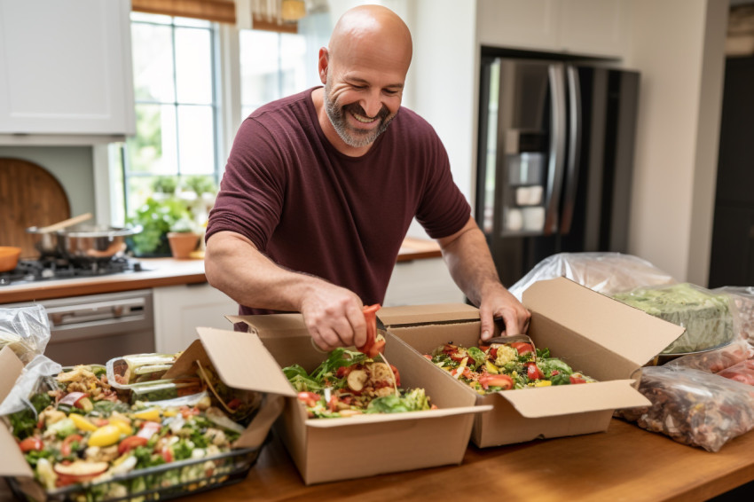 A picture of a happy man opening food he took home from a restau