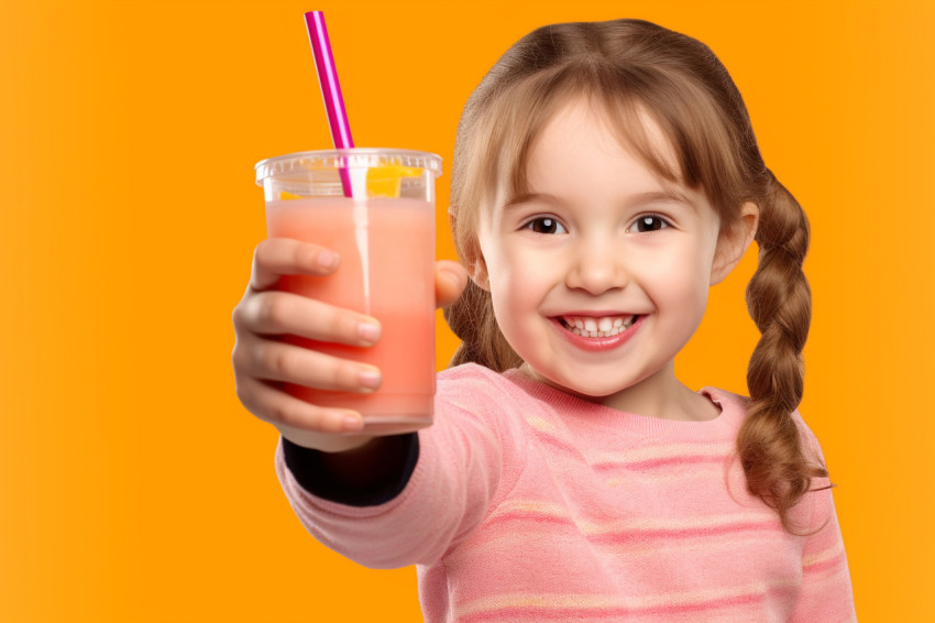 A picture of a young girl holding a glass of orange juice and po