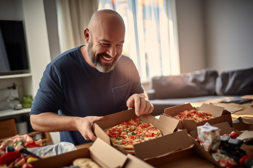 A picture of a happy man opening food he took home from a restau