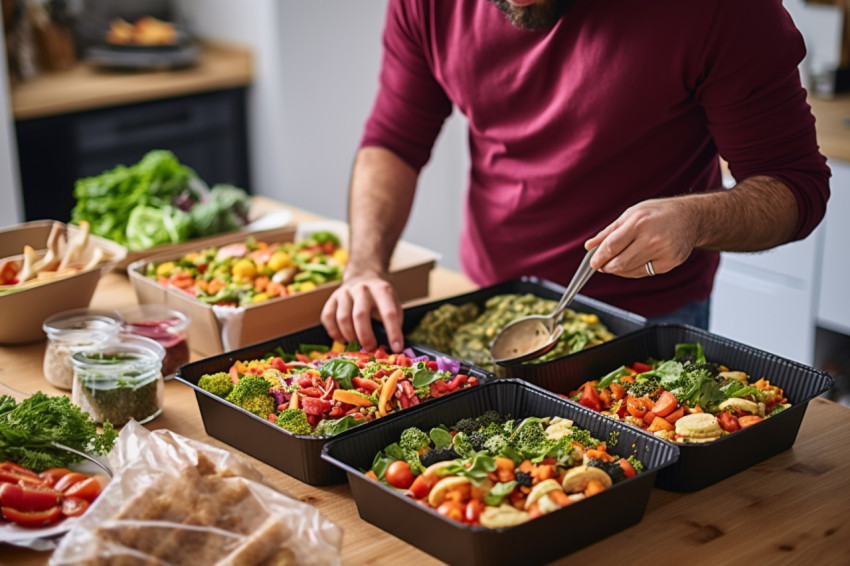 A picture of a happy man opening food he took home from a restau