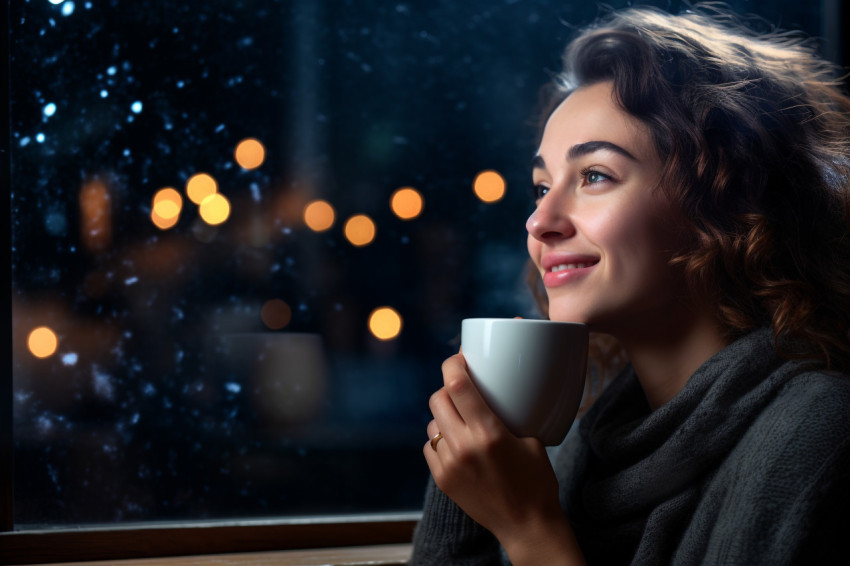 Picture of a calm woman enjoying the smell drink at home at nigh