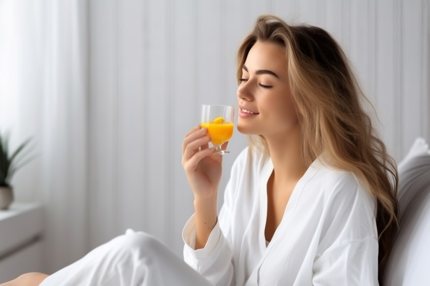 A photo of a young woman in a white shirt pajama lying in bed ea