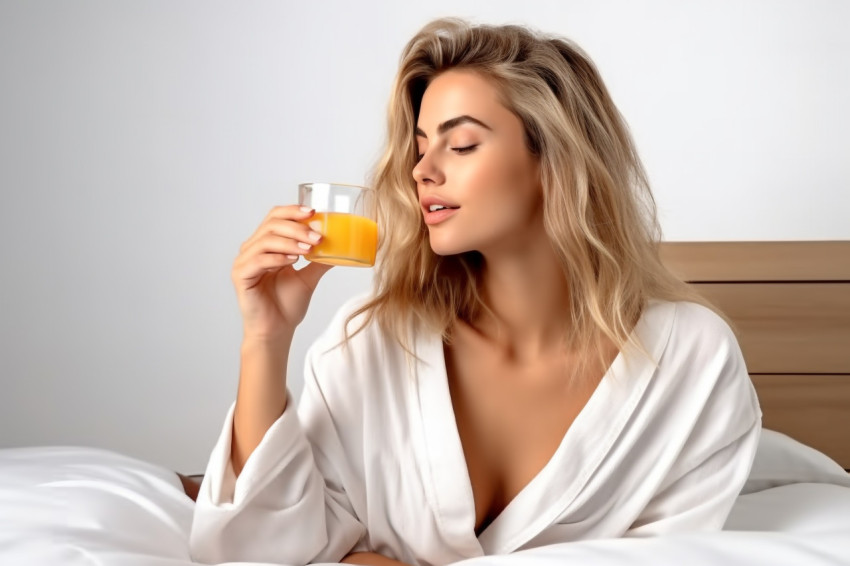 A photo of a young woman in a white shirt pajama lying in bed ea