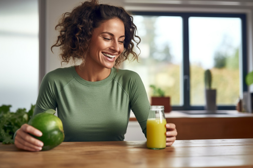 A photo of a woman drinking a green juice she made at home