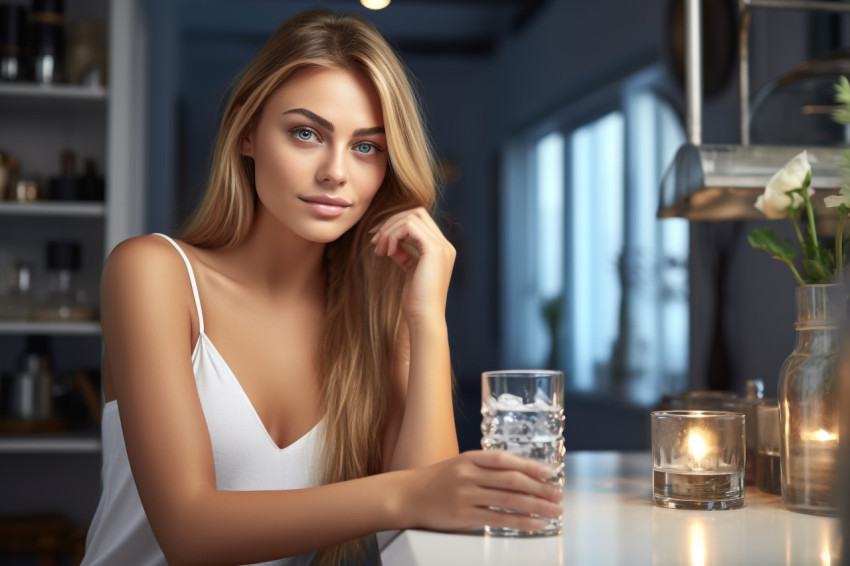 A picture of a pretty young woman holding a glass of water in a