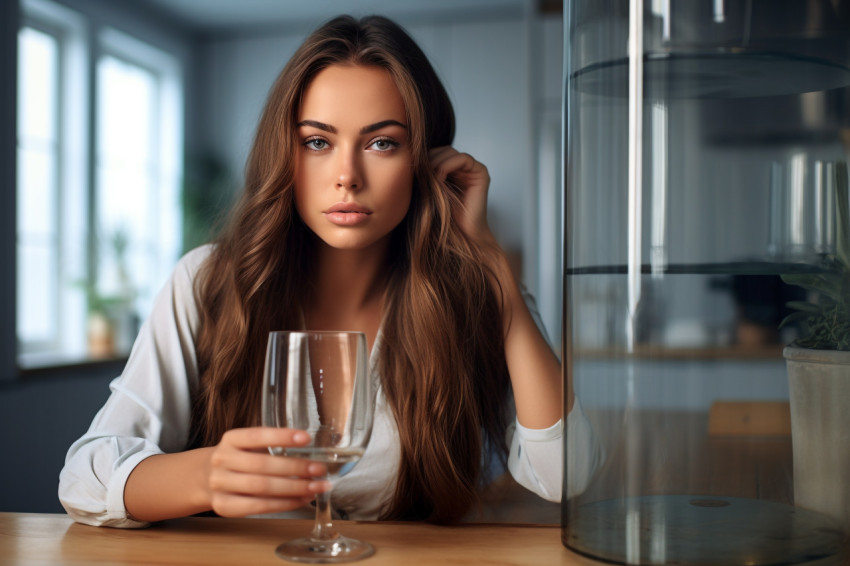 A picture of a pretty young woman holding a glass of water in a