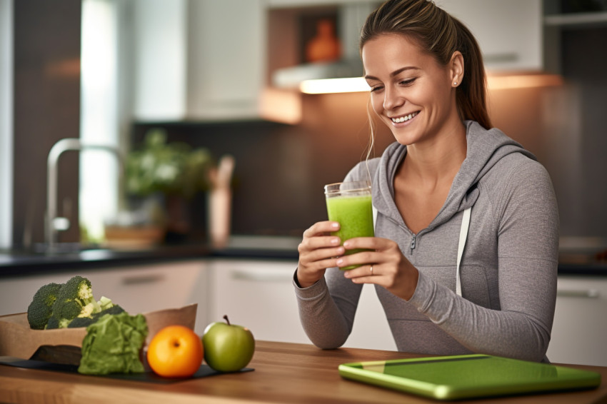 A photo of a woman drinking a green juice she made at home