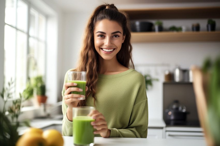 Picture of a joyful young woman in the kitchen with a glass of d