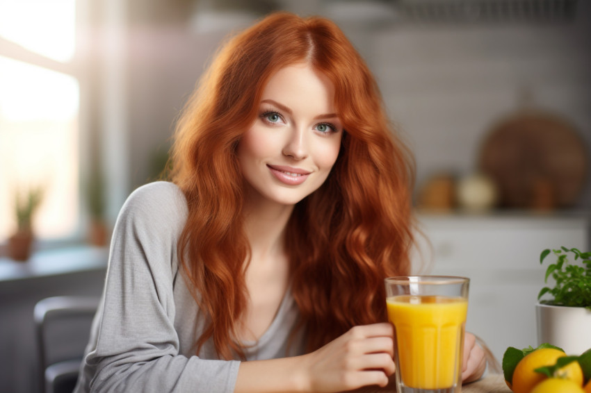 A picture of a pretty red haired woman having lunch and drinking