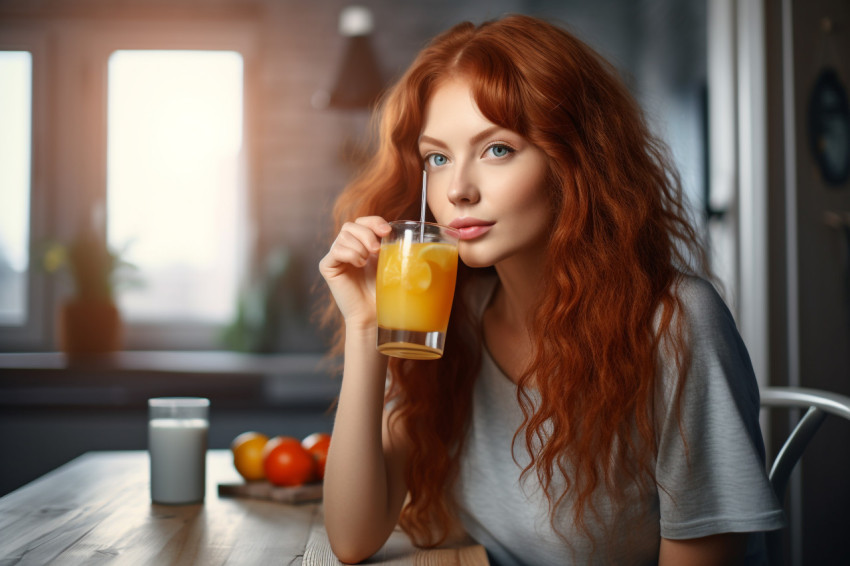 A picture of a pretty red haired woman having lunch and drinking